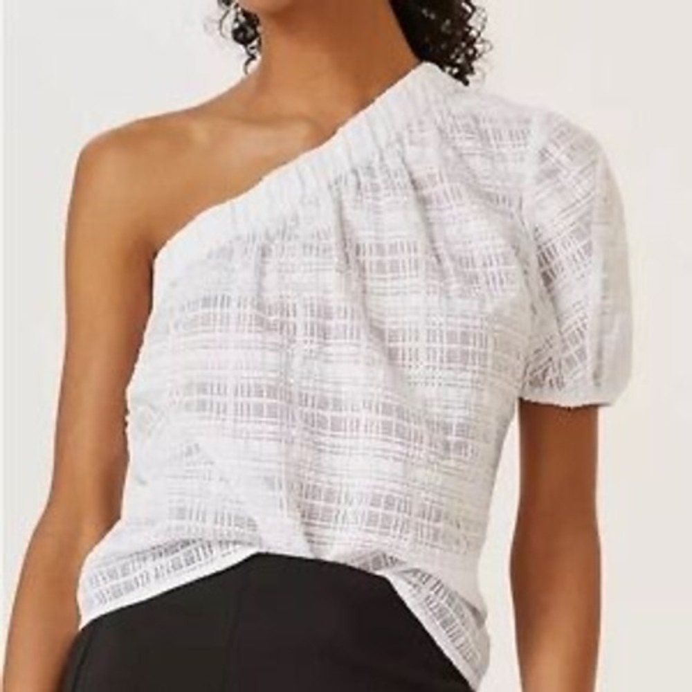 Anthropologie Current Air One Shoulder Top‎ M Grid Puff Sleeve Contemporary Boho